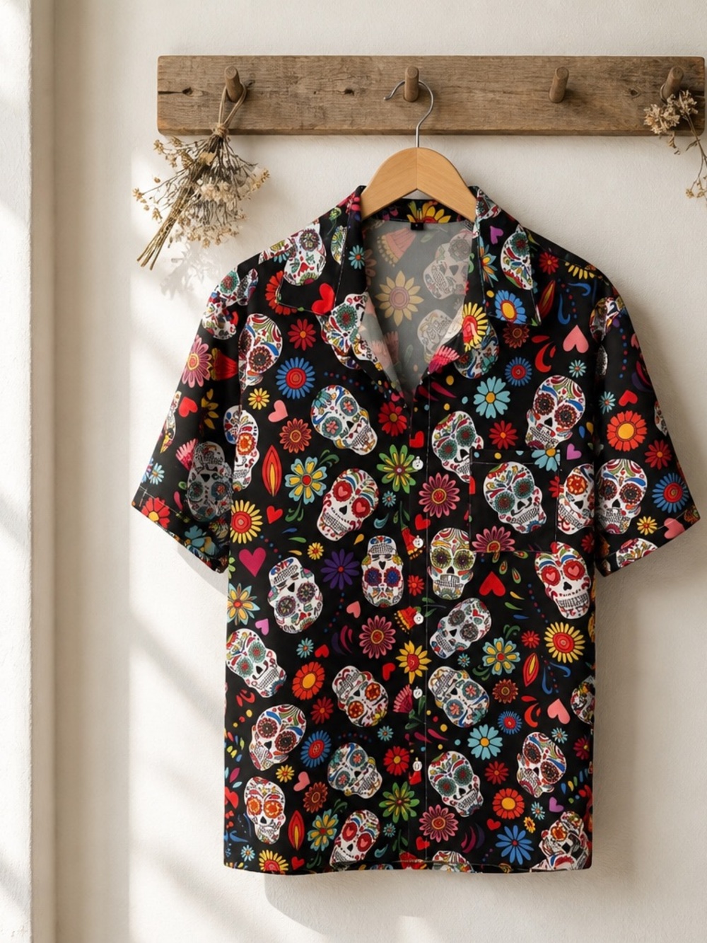 Men's Black Sugar Skull Floral Short Sleeve Button-Down Shirt